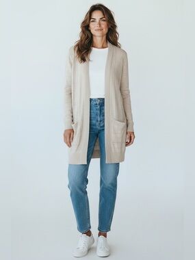 Tribekka 44 Long Line Open Front Cardigan Beige Size XL